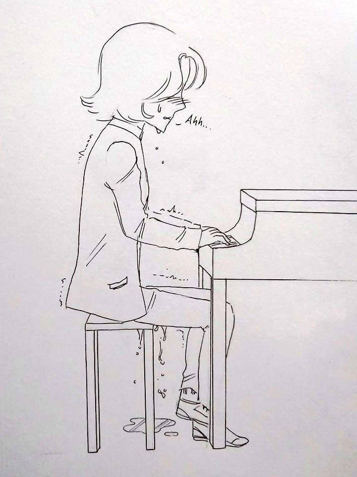 A black pen drawing on white paper. Yoshiki is sitting at a piano with his hands on the keyboard. He has short hair which is covering his face and is wearing a suit and dress shoes. He is blushing and tears are runnign down his face. He is shaking. His feet are crossed. Piss is running off the bench he's sitting on and falling in to a puddle on the floor.