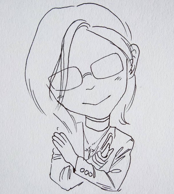 A black pen drawing on white paper Yoshiki of X Japan in a chibi style. He is wearinf sunglassed, a choker, a cross shaped neckles, and a suit jacket. His arms are crossed in the shape of an X.