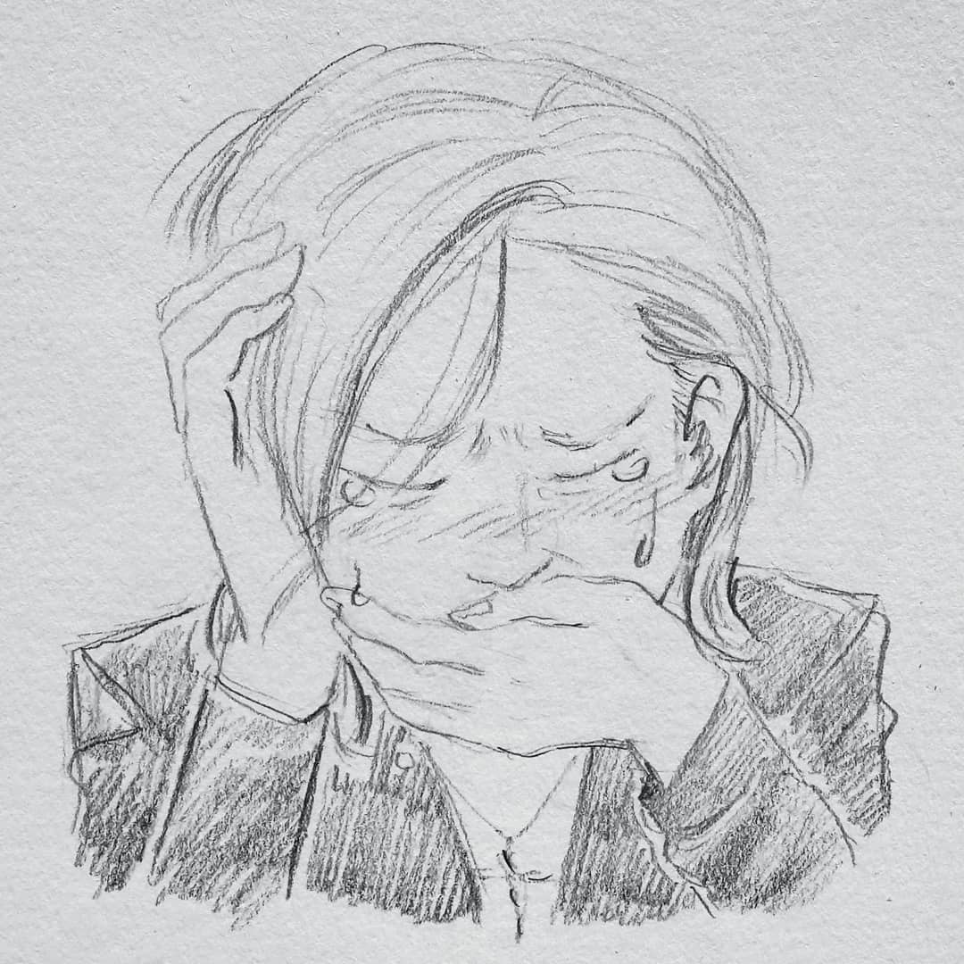 A pencil drawing. Yoshiki crying, his left hand covering his mouth, and the other restin on the side of his head. He is wearing a suit jacket and a cross necklace.
