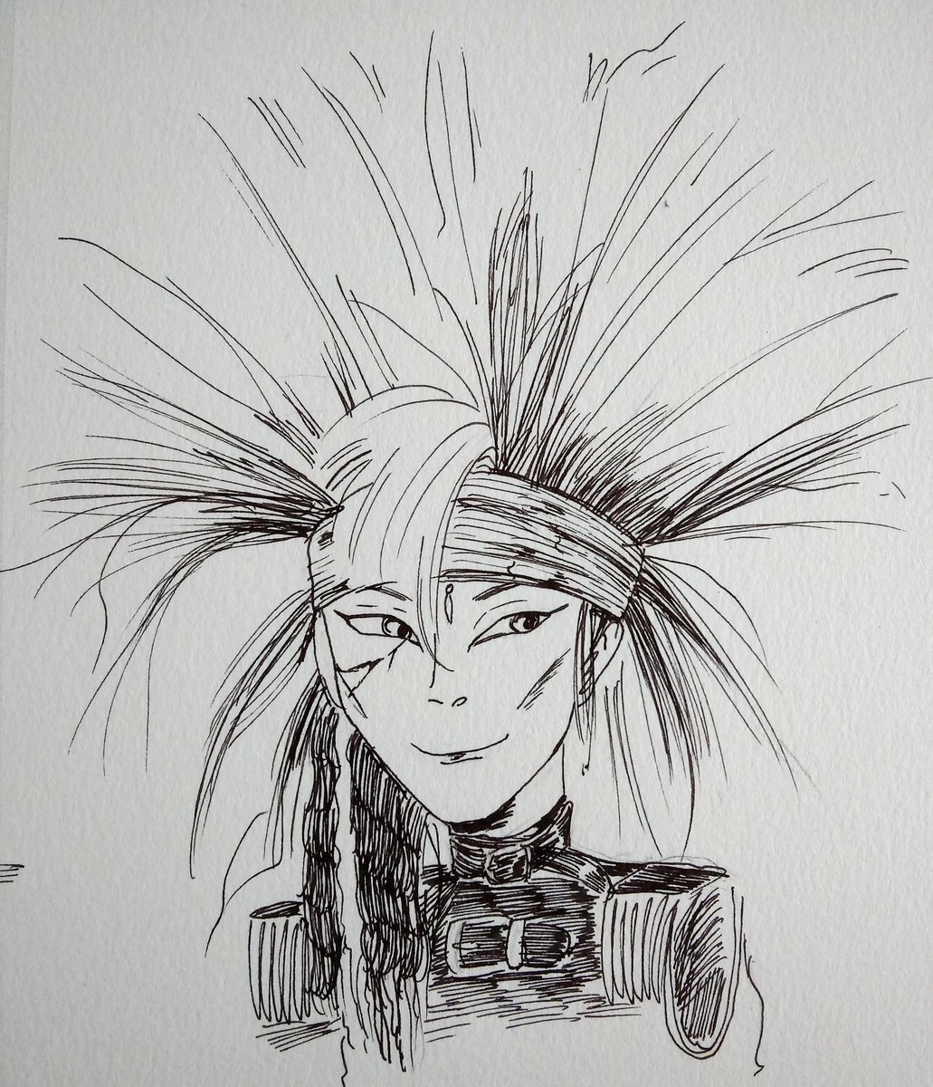 A black pen drawing on white paper. Hide of X Japan. His hair is fanned out above his head. He's wearing a head band, a bindi, has cracks painted across his face, and is wearing a leather shirt with tassels on the shoulders.